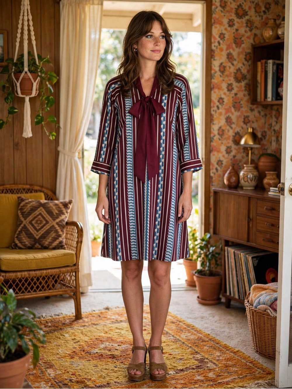 Anthropologie Mädchen Striped Bow Front Midi Dress Burgundy Blue Size 6